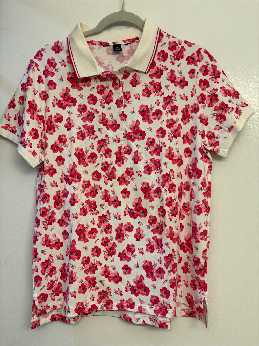 Lands' End White Golf Polo Shirt with Pink Floral Print